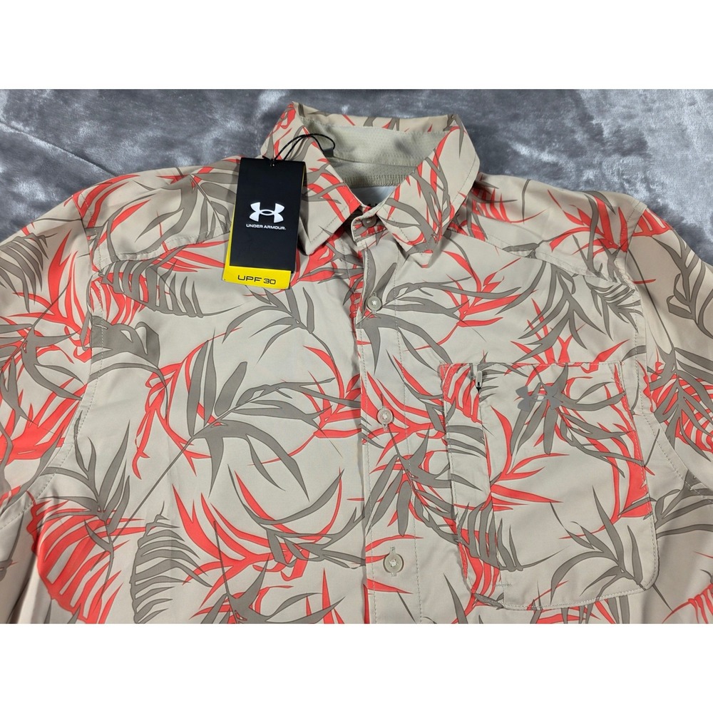 Under Armour Dockside Drift Tide Shirt Medium Tan Vented Tropical UPF 30 S/S NWT